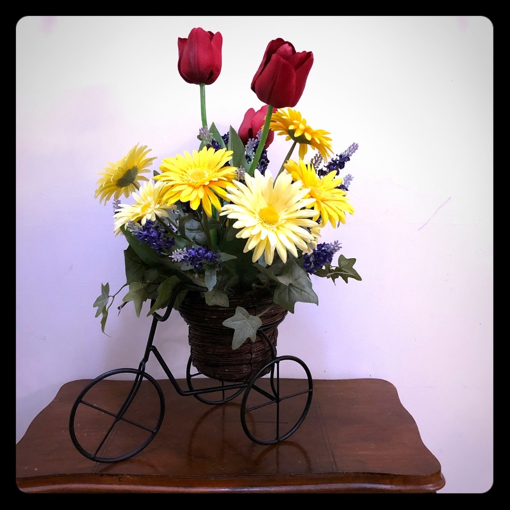 Silk floral arrangement with iron trike